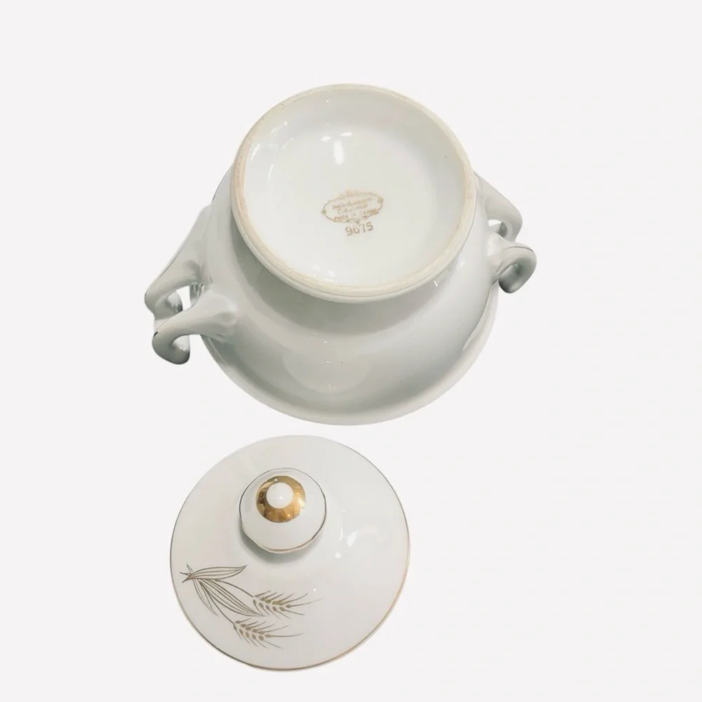 VTG Hakusan China Japan Tea Set Teapot 6 Snack Plates Gold Wheat Bone China 9675